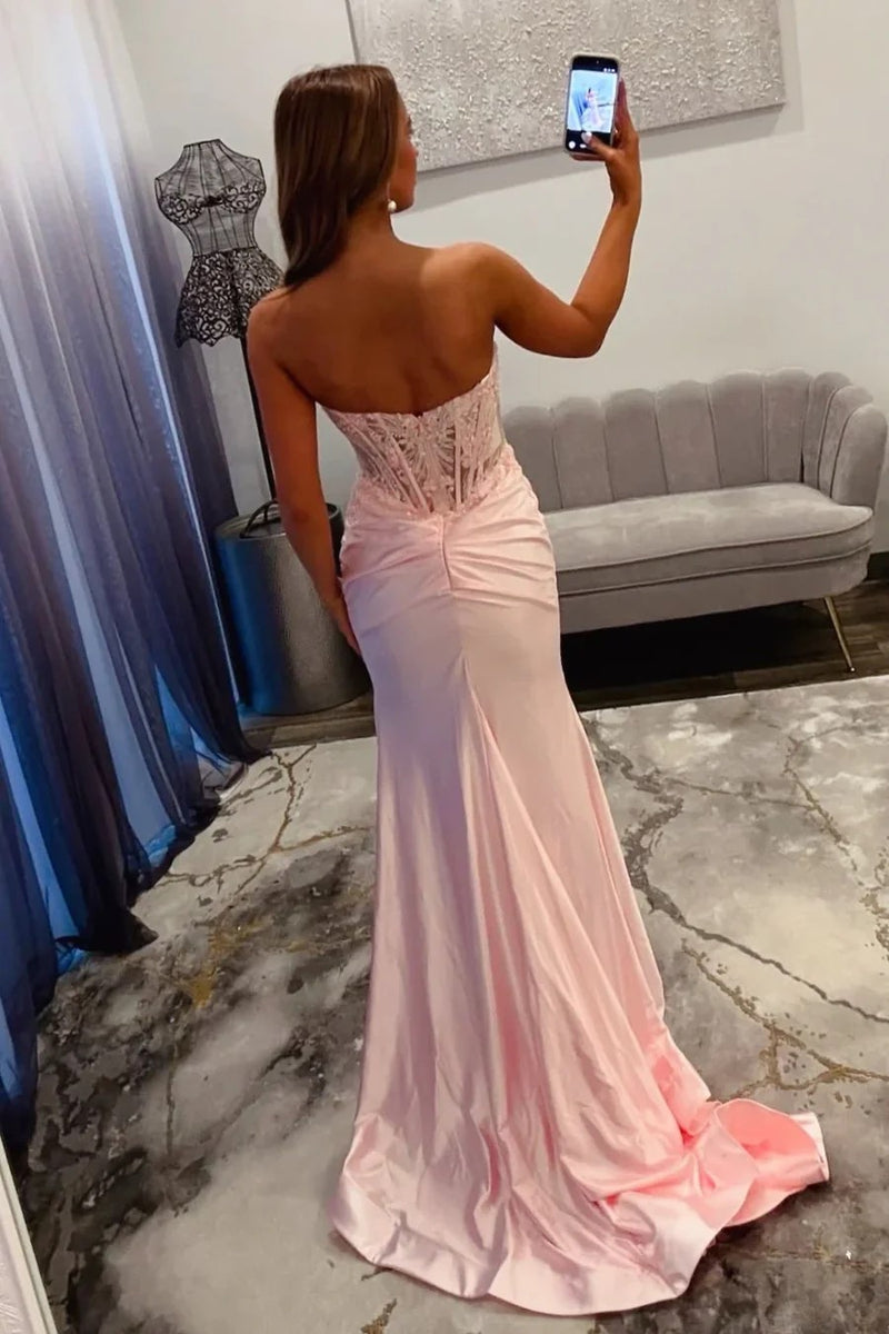 Mermaid Sweetheart Strapless Satin Lace Appliques Pink Prom Dress-Pgmdress