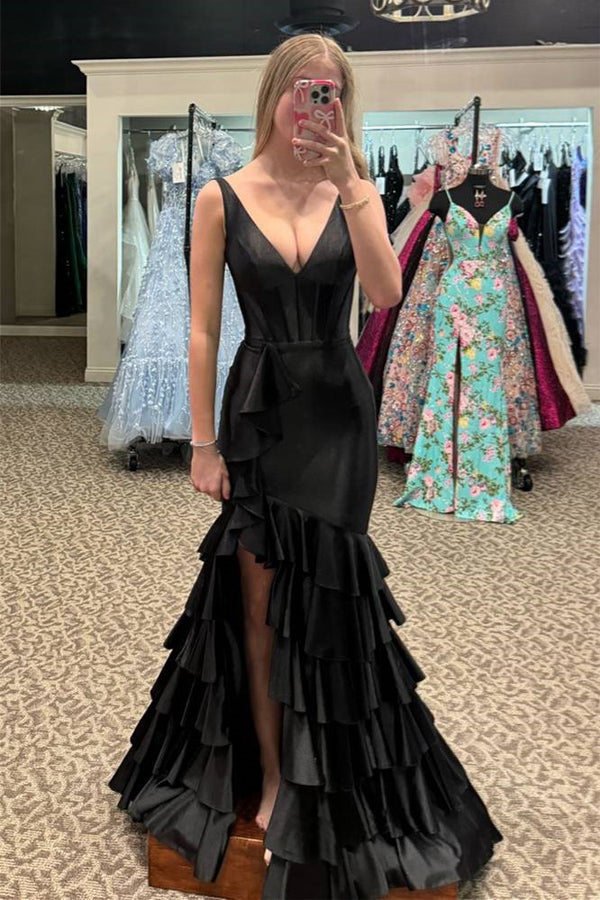 Mermaid V-Neck Ruffle Black Prom Dress Party Dress with Split PSK637-Pgmdress