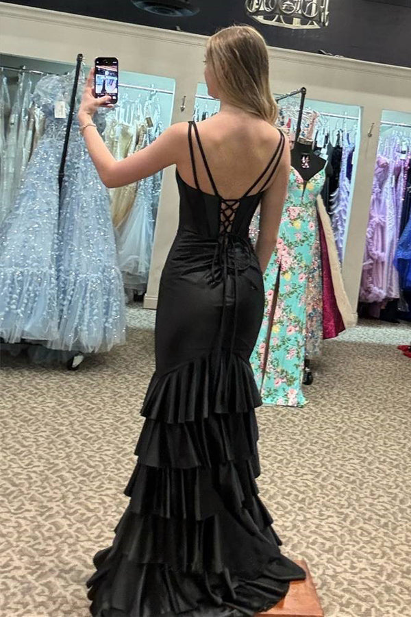 Mermaid V-Neck Ruffle Black Prom Dress Party Dress with Split PSK637-Pgmdress