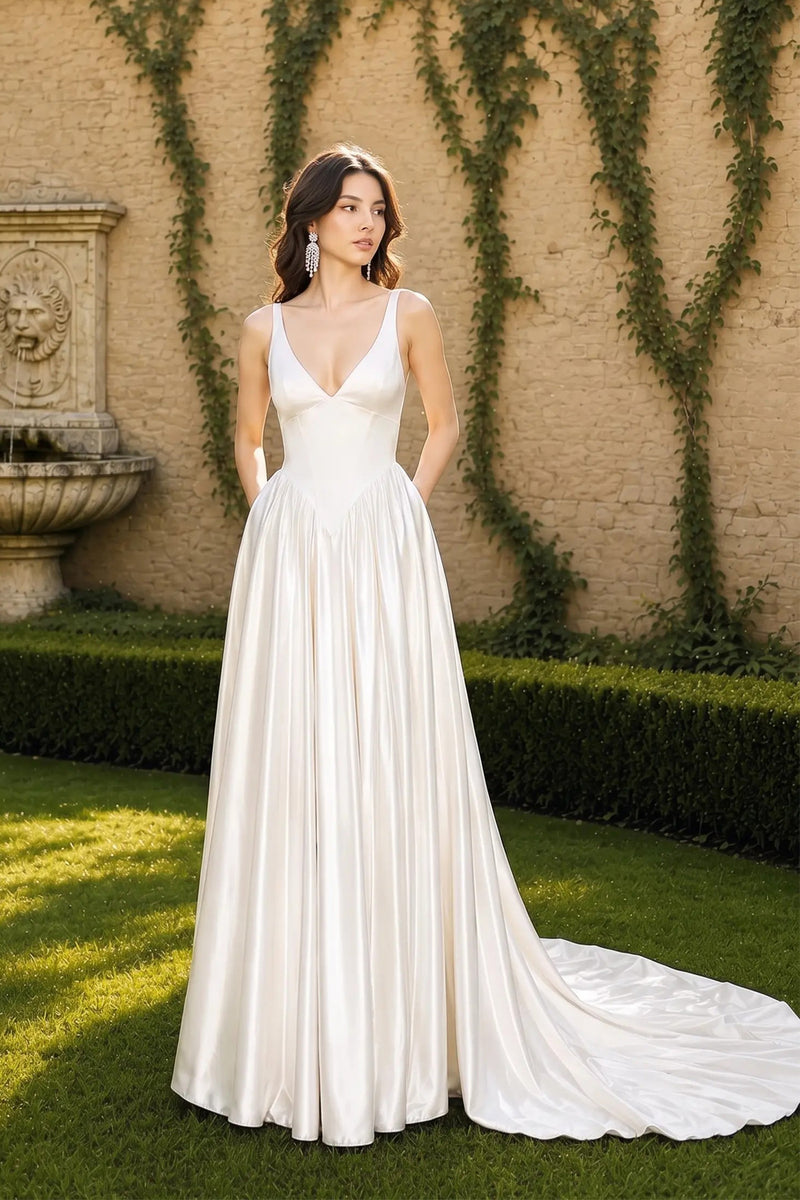 Minimalist Satin A-Line V-Neck Open Back Wedding Dress Bridal Gown-Pgmdress
