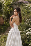 Minimalist Satin A-Line V-Neck Open Back Wedding Dress Bridal Gown-Pgmdress