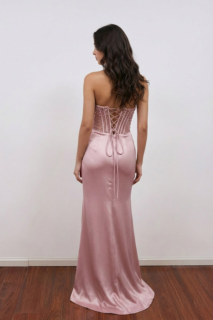 Modest Satin Sheath Beaded Spaghetti Straps Lace Up Split Prom Dress US16 / Blue Modest Satin Sheath Beaded Spaghetti Straps Lace Up Split Prom Dress US16 / Blue