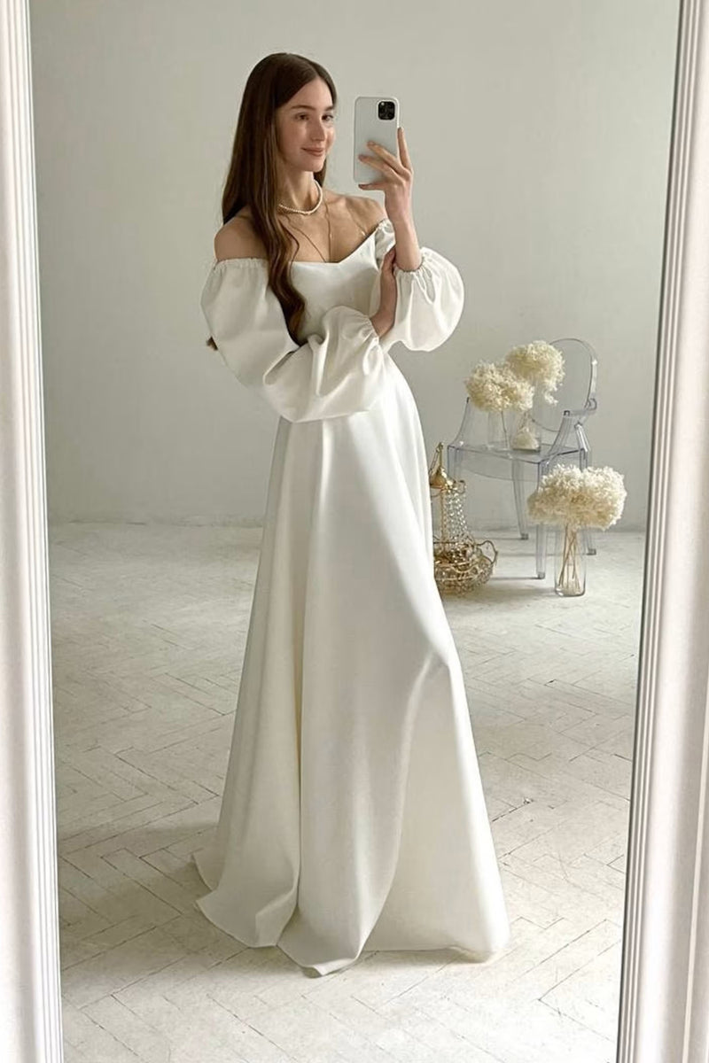 Modest Strapless Long Sleeve Wedding Dress Elopement Wedding Dress-Pgmdress