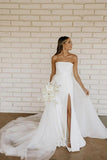 Modest Strapless Satin Detachable Tulle Wedding Dresses WD675