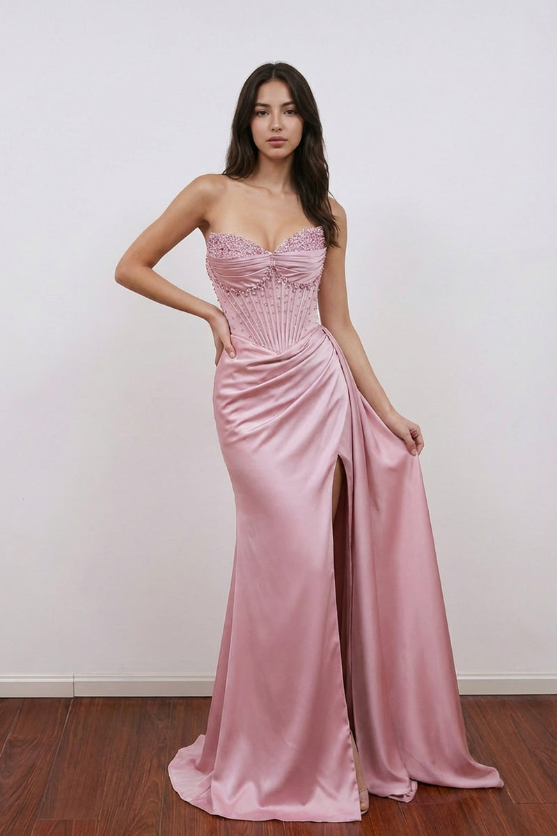 Modest Satin Sheath Beaded Spaghetti Straps Lace Up Split Prom Dress-Pgmdress