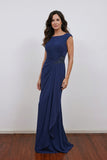 Navy Blue Crepe Bateau Neck Mother of the Bride Dress Evening Dress