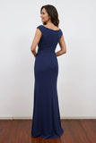 Navy Blue Crepe Bateau Neck Mother of the Bride Dress Evening Dress-Pgmdress