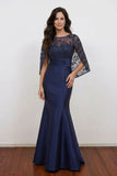 Navy Blue Floral Sequin Mermaid Mother of the Bride Dress with Cape