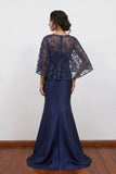Navy Blue Floral Sequin Mermaid Mother of the Bride Dress with Cape-Pgmdress