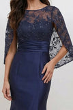 Navy Blue Floral Sequin Mermaid Mother of the Bride Dress with Cape-Pgmdress