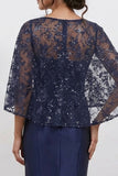 Navy Blue Floral Sequin Mermaid Mother of the Bride Dress with Cape-Pgmdress