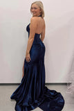 Navy Blue Halter Mermaid Long Prom Dress with Slit  PSK525-Pgmdress