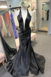 Navy Blue Halter Mermaid Long Prom Dress with Slit  PSK525-Pgmdress