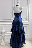Navy Blue Prom Dress Sleeveless Beaded Ruffle Tiered Formal Gown-Pgmdress