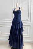 Navy Blue Prom Dress Sleeveless Beaded Ruffle Tiered Formal Gown-Pgmdress