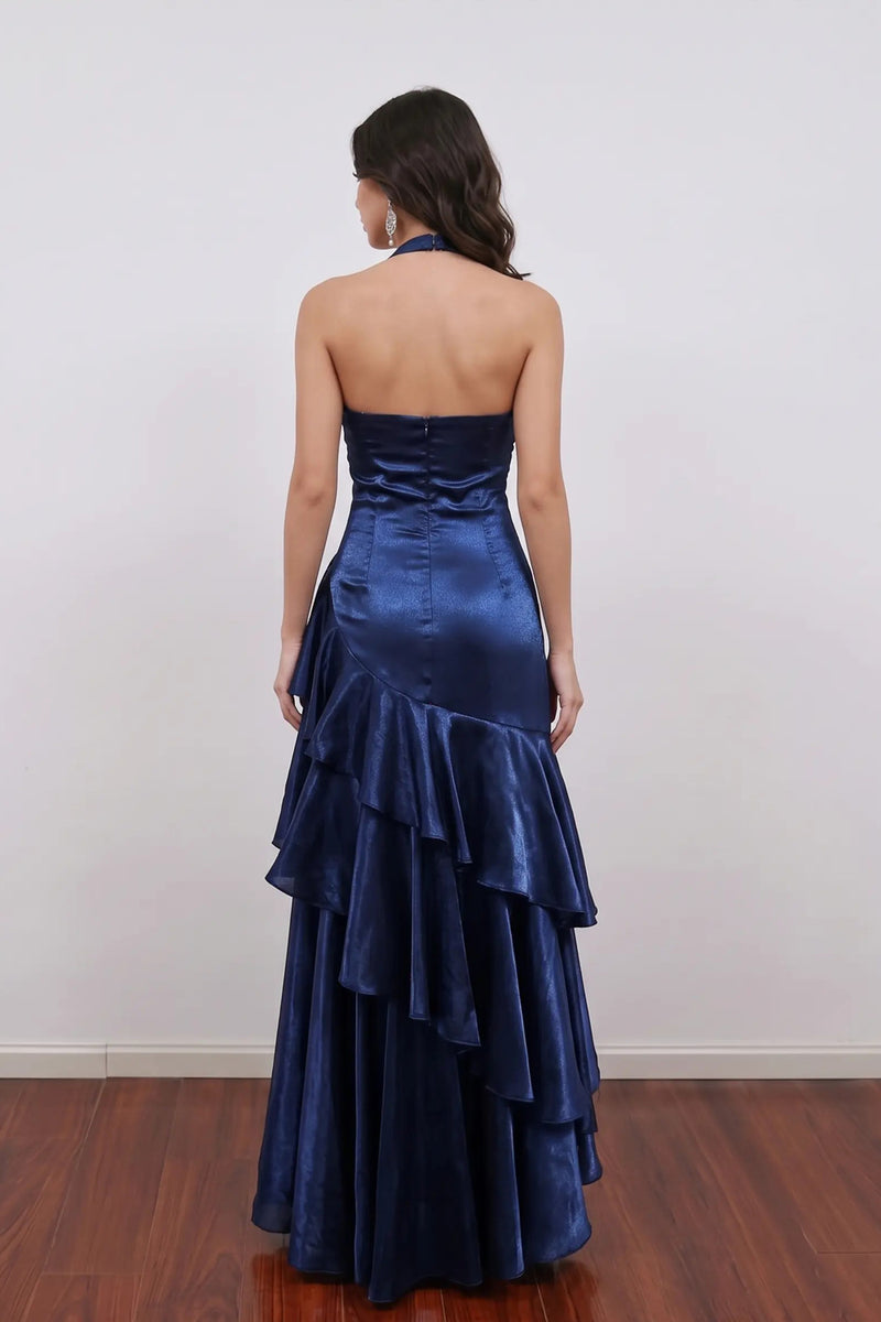 Navy Blue Prom Dress Sleeveless Beaded Ruffle Tiered Formal Gown-Pgmdress