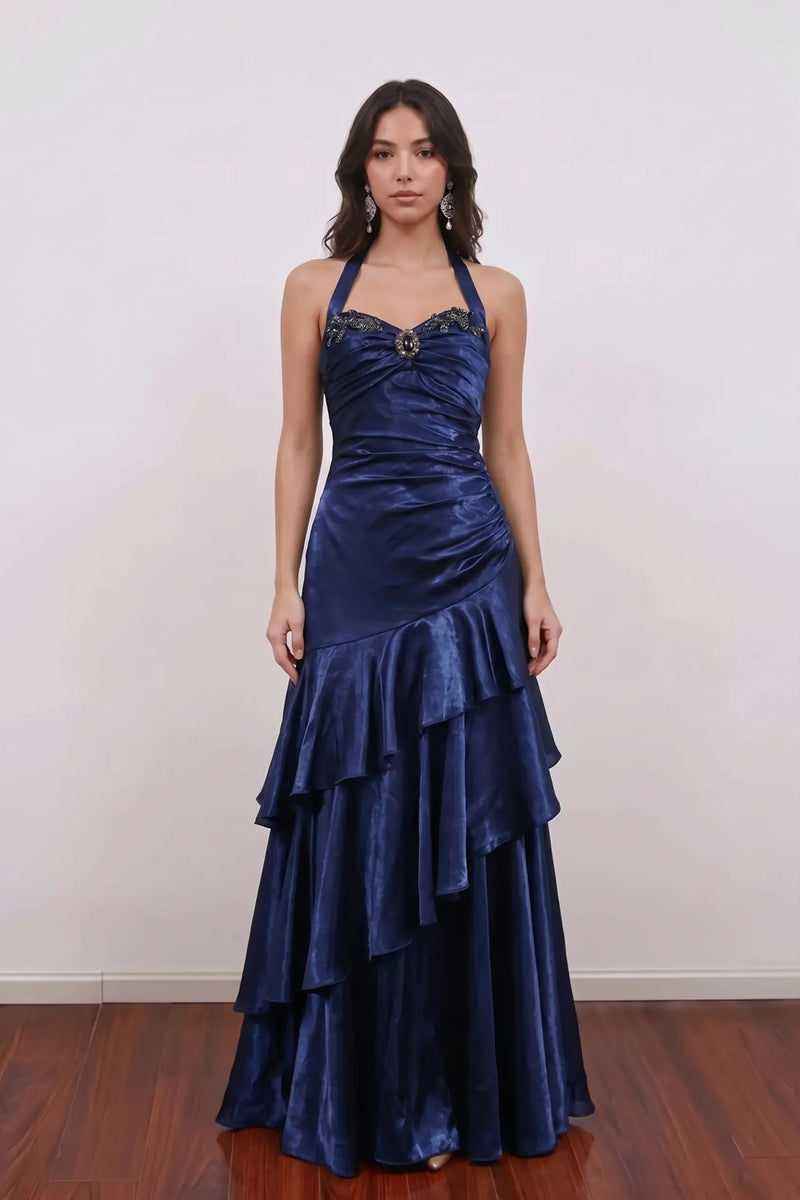 Navy Blue Prom Dress Sleeveless Beaded Ruffle Tiered Formal Gown-Pgmdress