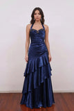 Navy Blue Prom Dress Sleeveless Beaded Ruffle Tiered Formal Gown-Pgmdress