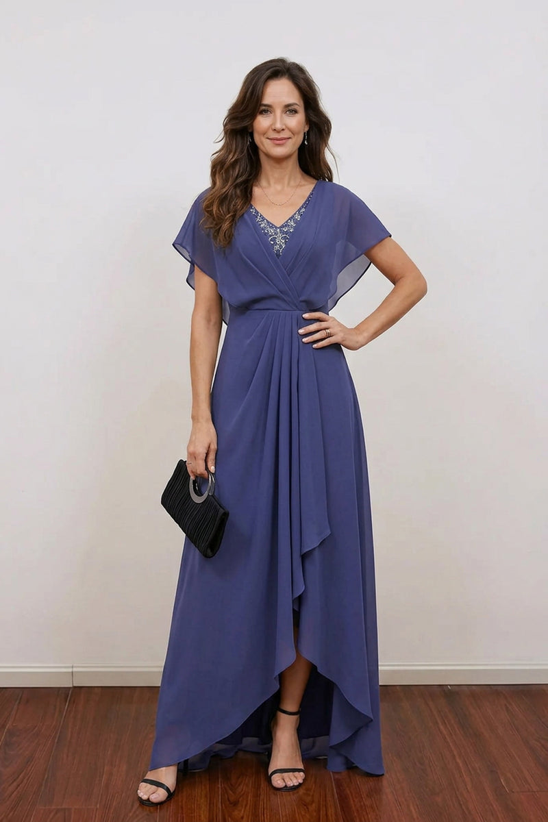 Navy Blue V-Neck Flutter Sleeve Chiffon Mother of the Bride Dress-Pgmdress