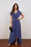 Navy Blue V-Neck Flutter Sleeve Chiffon Mother of the Bride Dress-Pgmdress