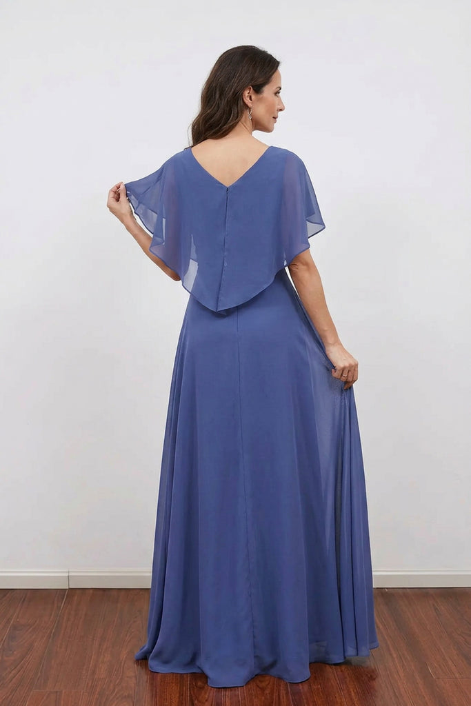 flutter sleeve chiffon dress Classy A-Line V-Neck Bridesmaid Dresses elegant flutter sleeves Navy Blue V-Neck Flutter Sleeve