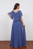 Navy Blue V-Neck Flutter Sleeve Chiffon Mother of the Bride Dress-Pgmdress