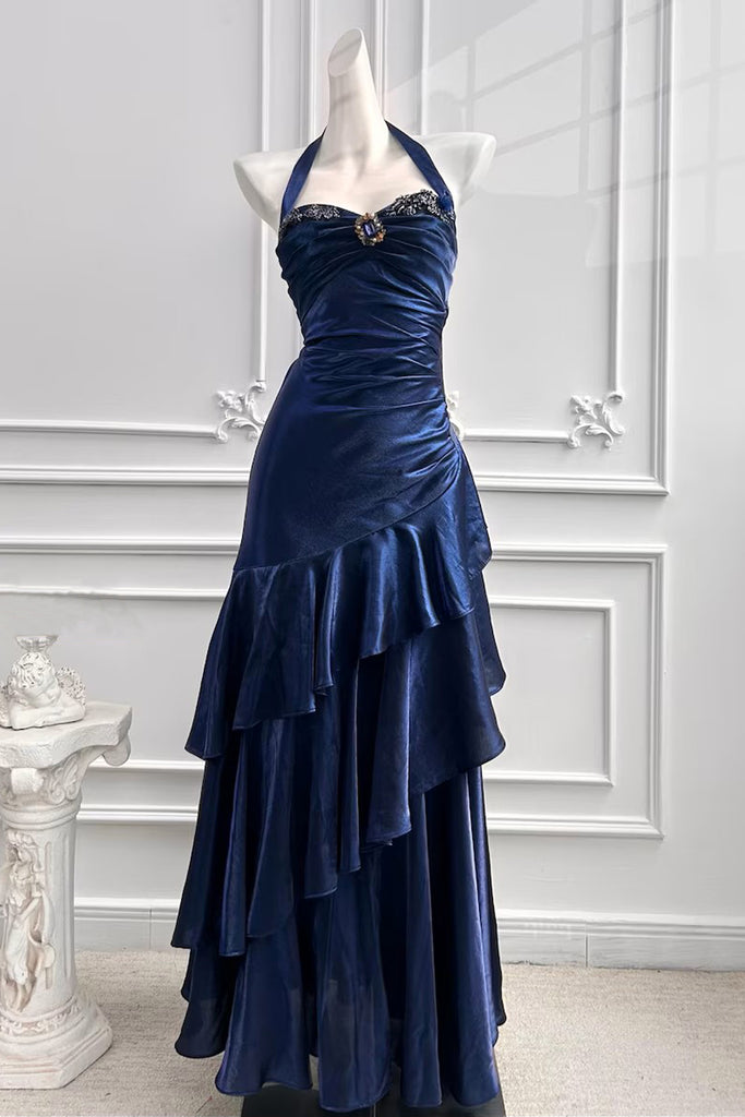 Navy Blue Prom Dress Sleeveless Beaded Ruffle Tiered Formal Gown-Pgmdress
