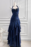 Navy Blue Prom Dress Sleeveless Beaded Ruffle Tiered Formal Gown-Pgmdress
