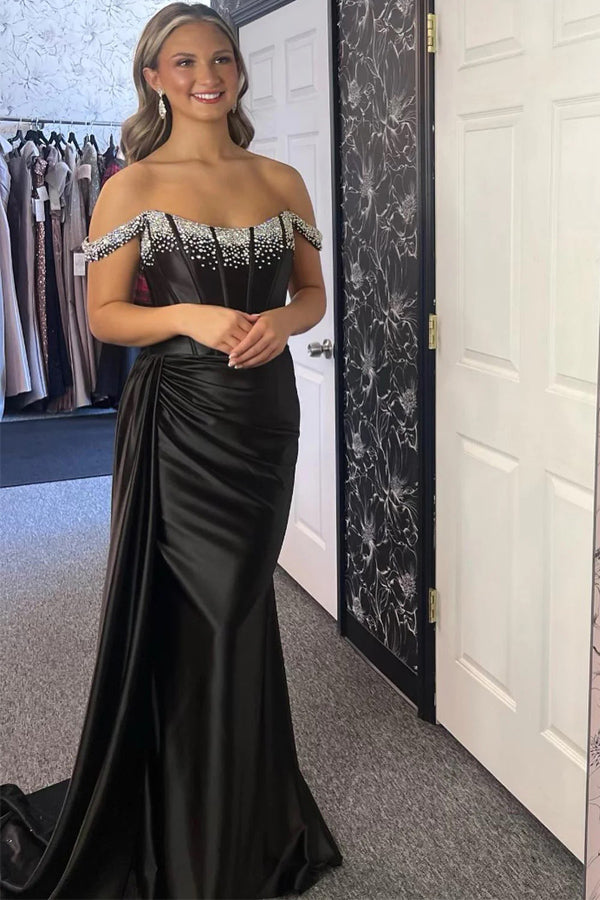 Off-Shoulder Mermaid Black Long Prom Dress With Beading PSK611-Pgmdress