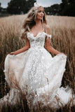 Off-the-Shoulder Tulle Lace Flowers Rustic Wedding Dresses Boho Wedding Gown WD631