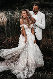 Off-the-Shoulder Tulle Lace Flowers Rustic Wedding Dresses Boho Wedding Gown WD631-Pgmdress