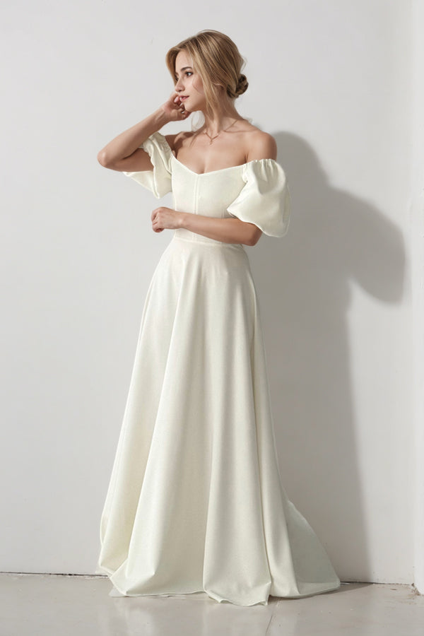 Off Shoulder A-line Modest Wedding Dress Ivory Simple Wedding Dress-Pgmdress