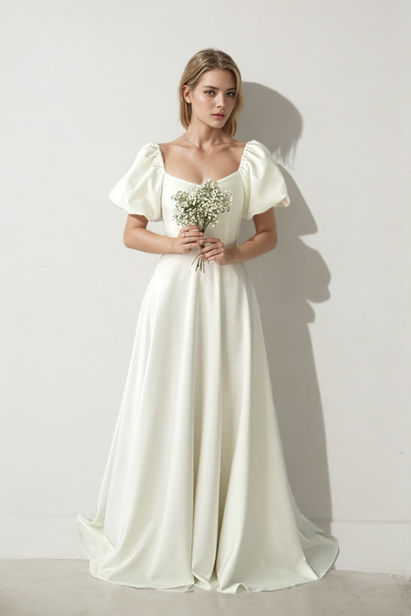 Off Shoulder A-line Modest Wedding Dress Ivory Simple Wedding Dress-Pgmdress