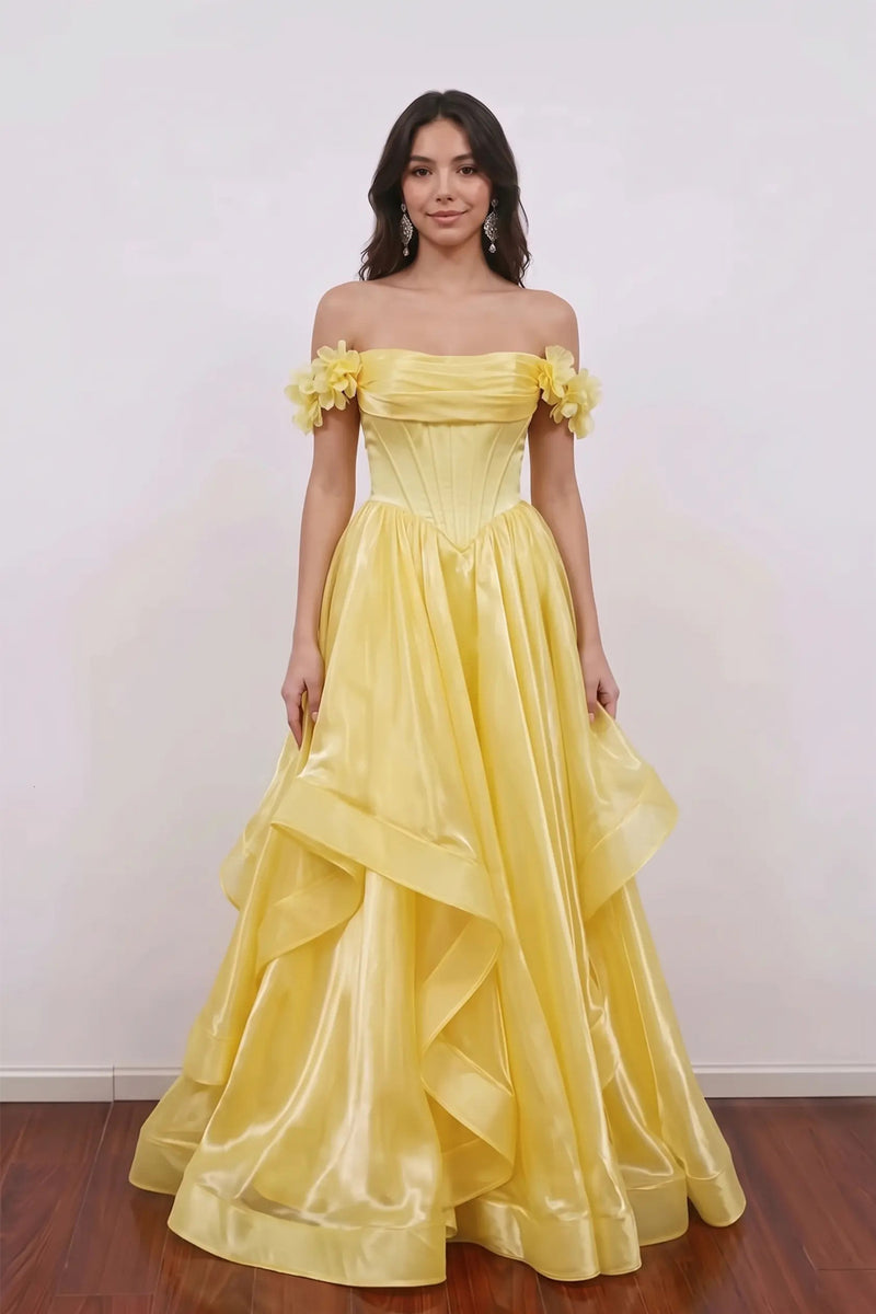 Off Shoulder Corset Ruffled Tulle Yellow Prom Dress Party Dress