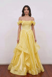 Off Shoulder Corset Ruffled Tulle Yellow Prom Dress Party Dress