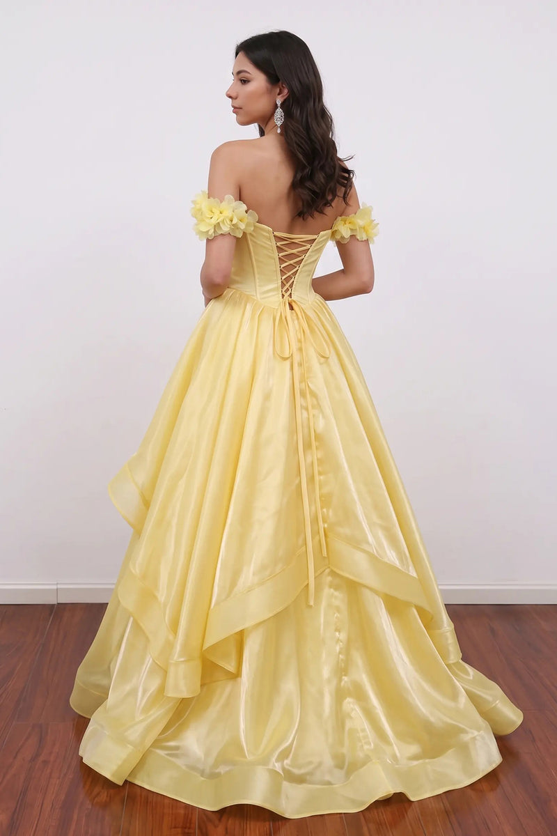 Off Shoulder Corset Ruffled Tulle Yellow Prom Dress Party Dress