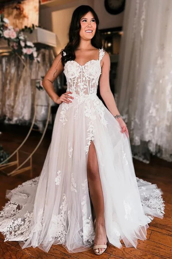 Off Shoulder Elegant Wedding Dress Boho Wedding Dress With Slit  WD735-Pgmdress