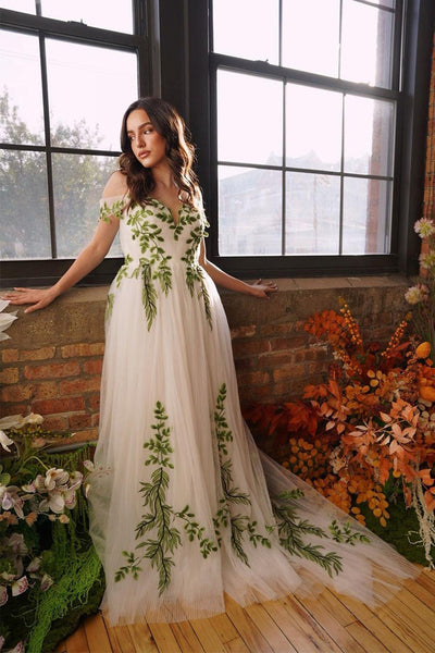 Off Shoulder Green Lace Forest Fairy Wedding Dress Bridal Gown US4 / Ivory+Green