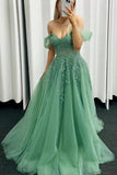 Off Shoulder Green Lace Long Prom Dresses Green Formal Gown PSK549