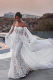 Off Shoulder Lace Mermaid Beach Wedding Dresses With Detachable Train  WD655