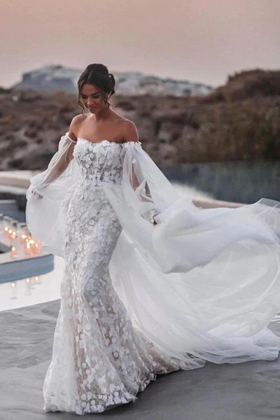 off the shoulder mermaid wedding dress with detachable train Off the Shoulder Wedding Gown Long Sleeves Floral Mermaid with Detachable Train