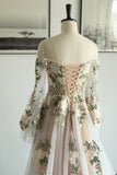 Off Shoulder Long Sleeve Floral Embroidery Tulle Boho Wedding Dress-Pgmdress