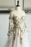 Off Shoulder Long Sleeve Floral Embroidery Tulle Boho Wedding Dress-Pgmdress