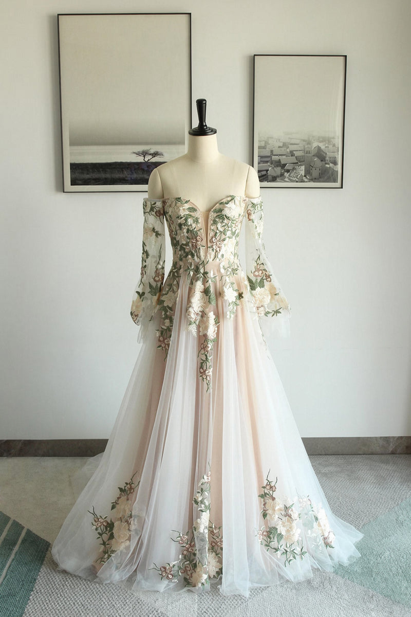 Off Shoulder Long Sleeve Floral Embroidery Tulle Boho Wedding Dress-Pgmdress