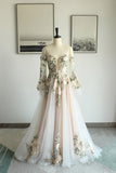 Off Shoulder Long Sleeve Floral Embroidery Tulle Boho Wedding Dress-Pgmdress