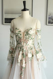 Off Shoulder Long Sleeve Floral Embroidery Tulle Boho Wedding Dress-Pgmdress