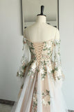Off Shoulder Long Sleeve Floral Embroidery Tulle Boho Wedding Dress-Pgmdress