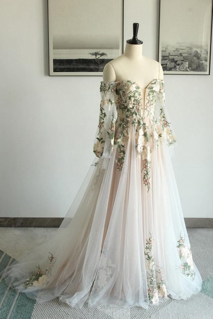Off Shoulder Long Sleeve Floral Embroidery Tulle Boho Wedding Dress US10 / Ivory/Green
