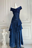 Off Shoulder Navy Blue Pleated Layered Prom Dress Party Dress-Pgmdress