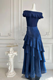 Off Shoulder Navy Blue Pleated Layered Prom Dress Party Dress-Pgmdress